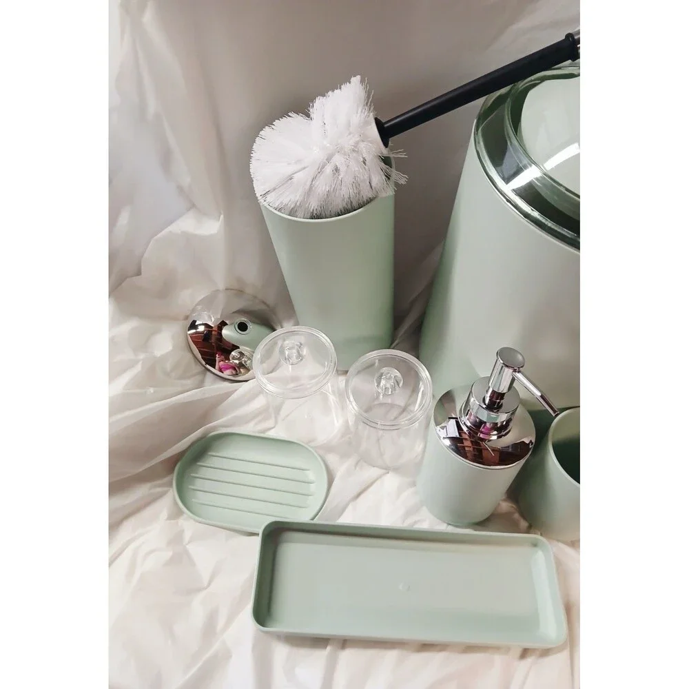 Mint Green Modern Plastic Bathroom Accessory Set 10pc w/ Soap Disp, Brush